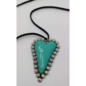 Large Artisan Heart Pendant Rhinestones Silver‎ Tone Statement 20" Long Necklace